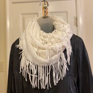NWOT Lovely white open knit eternity scarf with fringes, Size: 64” x 20”